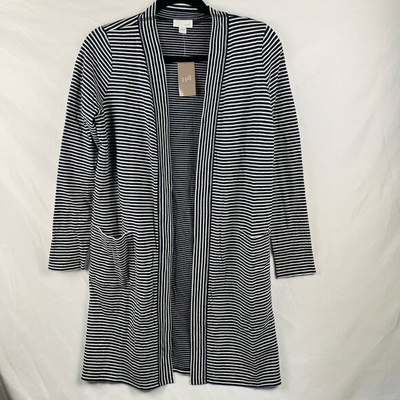 J. Jill Navy Blue & White Striped Long Open Cardigan Size Small NWT - Picture 1 of 6